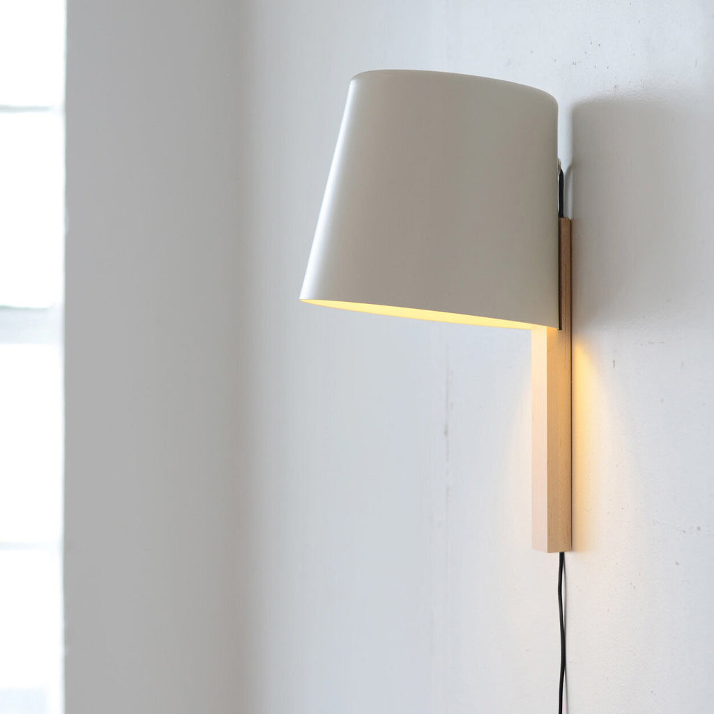 Modern Sconce Lamp, Maple neck with spun white shade. Made in USA.