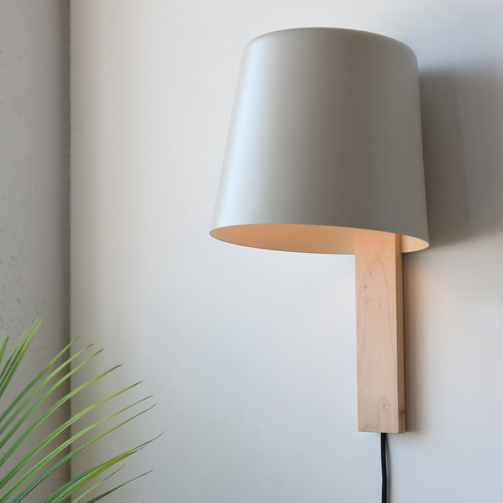 Modern Sconce Lamp, Maple neck with spun white shade. Made in USA.